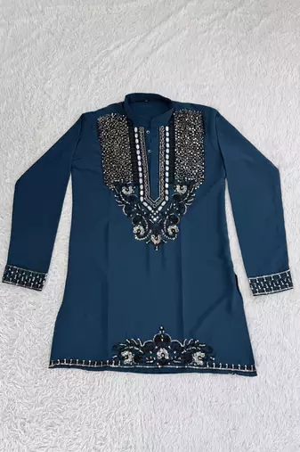 Navy blue silk blend heavy thread & sequins embroidered kurta with off white straight pant