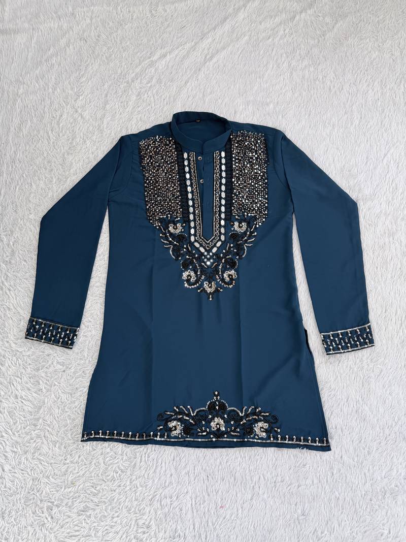 Navy blue silk blend heavy thread & sequins embroidered kurta with off white straight pant