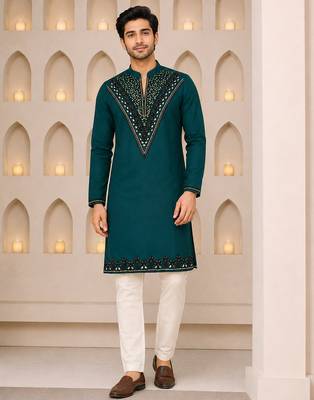 Teal green silk blend thread, zari & sequins embroidered kurta 1