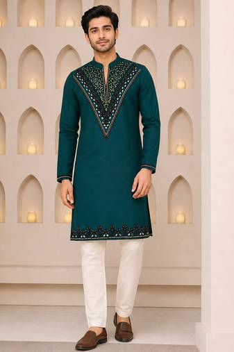 Teal green silk blend thread, zari & sequins embroidered kurta
