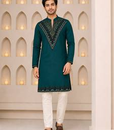 Teal green silk blend thread, zari & sequins embroidered kurta