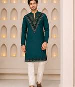 Teal green silk blend thread, zari & sequins embroidered kurta