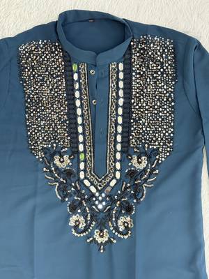 Navy blue silk blend heavy thread & sequins embroidered kurta with off white straight pant 3