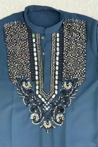 Navy blue silk blend heavy thread & sequins embroidered kurta with off white straight pant