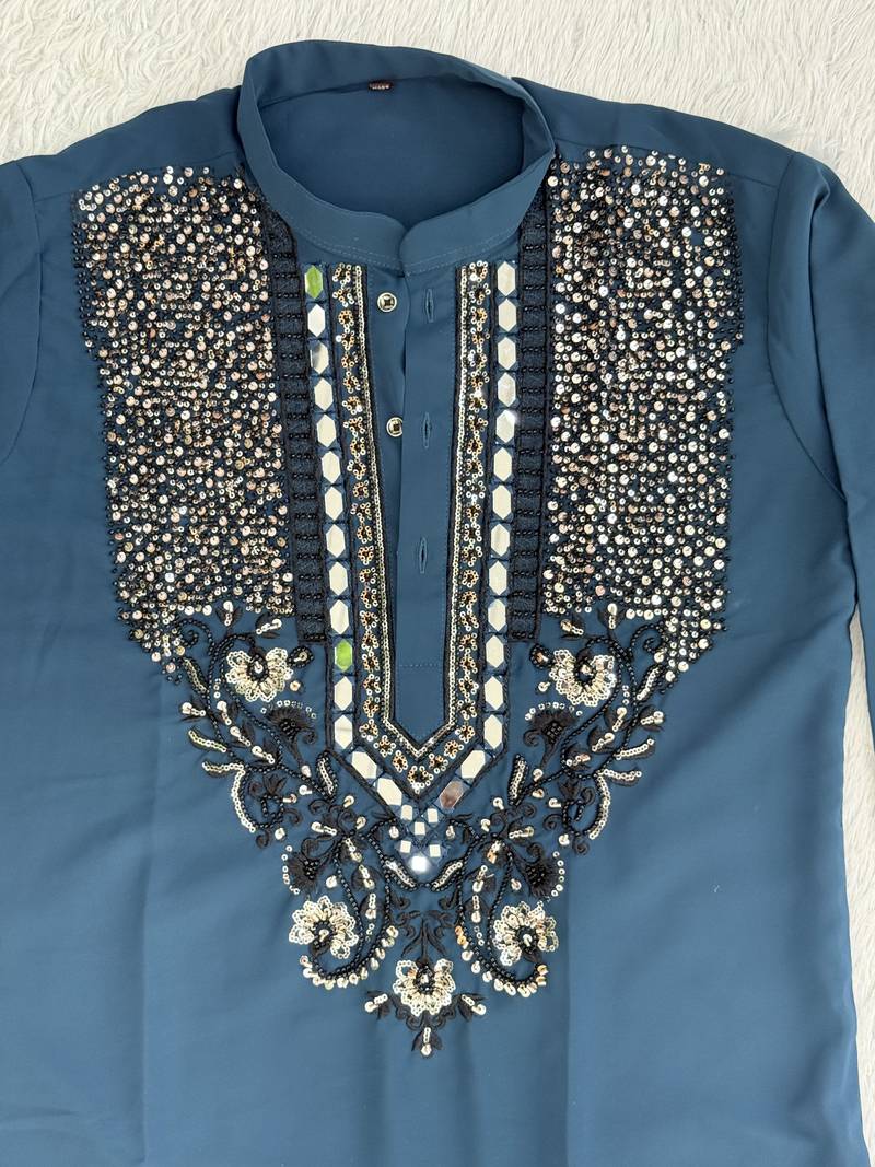 Navy blue silk blend heavy thread & sequins embroidered kurta with off white straight pant
