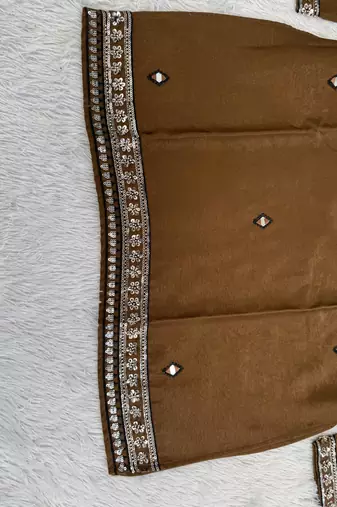 Men's coffee brown silk blend heavy embroidered kurta with off white straight pant
