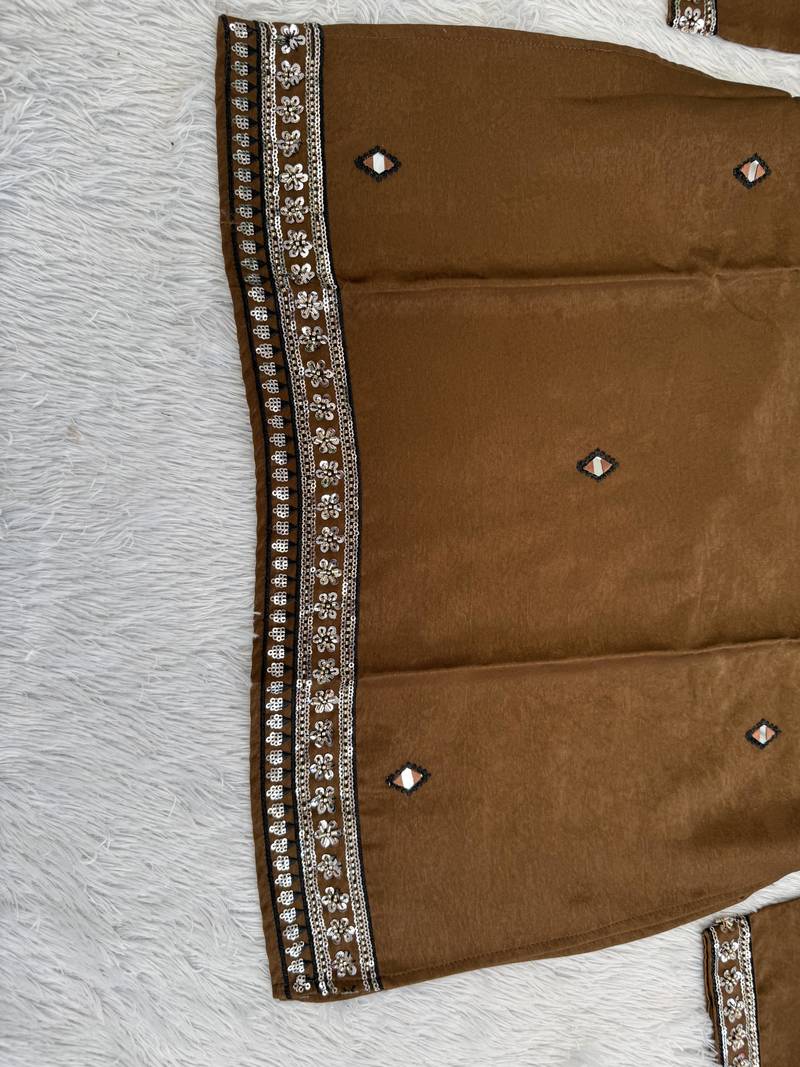 Men's coffee brown silk blend heavy embroidered kurta with off white straight pant