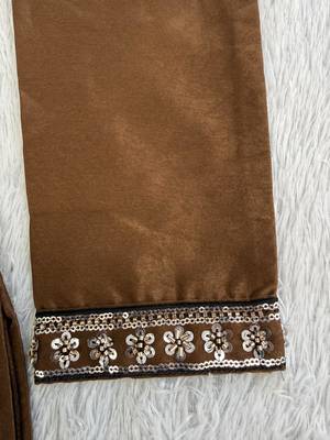 Men's coffee brown silk blend heavy embroidered kurta with off white straight pant 5