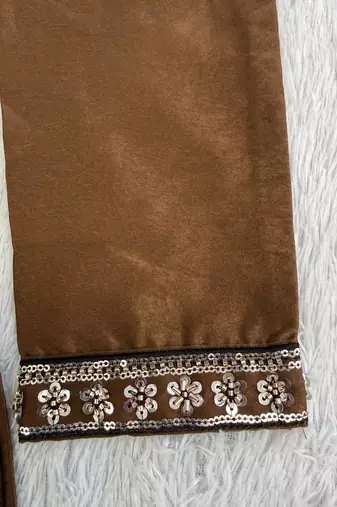 Men's coffee brown silk blend heavy embroidered kurta with off white straight pant