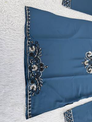 Navy blue silk blend heavy thread & sequins embroidered kurta with off white straight pant 4