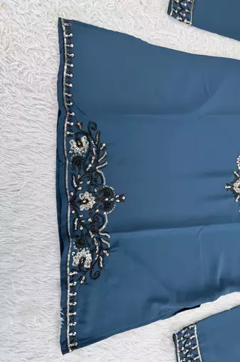Navy blue silk blend heavy thread & sequins embroidered kurta with off white straight pant