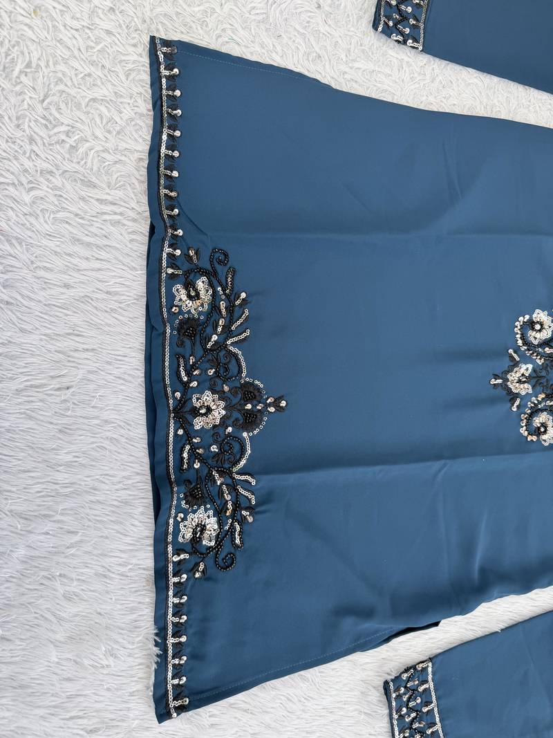 Navy blue silk blend heavy thread & sequins embroidered kurta with off white straight pant