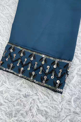Navy blue silk blend heavy thread & sequins embroidered kurta with off white straight pant