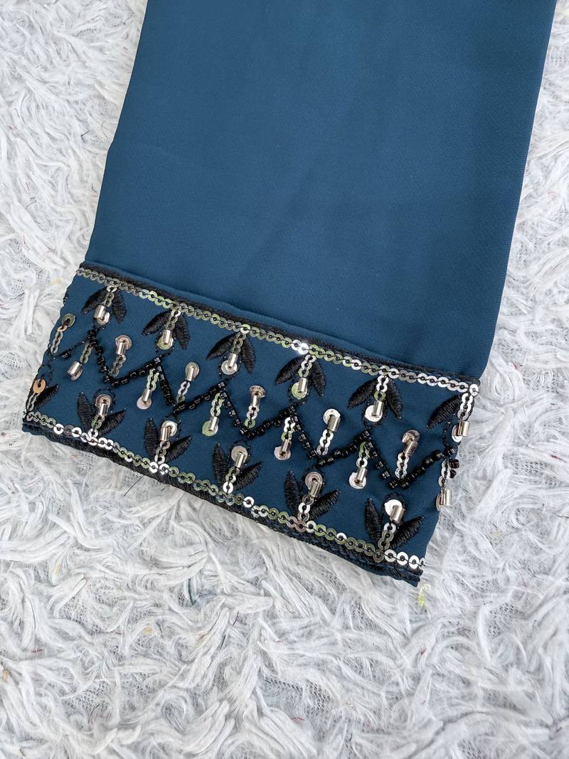 Navy blue silk blend heavy thread & sequins embroidered kurta with off white straight pant