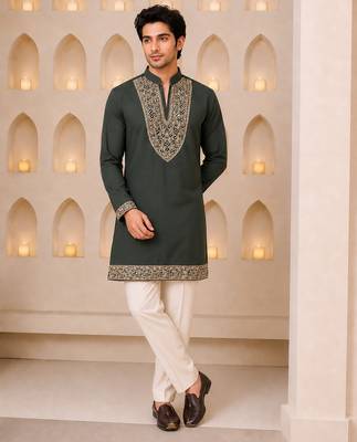 Dark olive green silk blend heavy thread & sequins embroidered kurta with off white straight pant 1