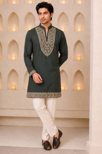 Dark olive green silk blend heavy thread & sequins embroidered kurta with off white straight pant