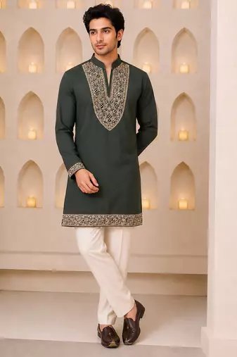 Dark olive green silk blend heavy thread & sequins embroidered kurta with off white straight pant