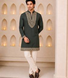Dark olive green silk blend heavy thread & sequins embroidered kurta with off white straight pant