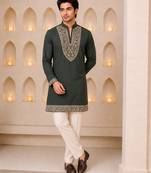 Dark olive green silk blend heavy thread & sequins embroidered kurta with off white straight pant