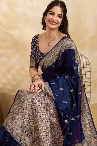 Navyblue jaquard silk woven zari work traditional saree with unstitch blouse