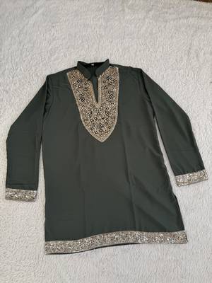 Dark olive green silk blend heavy thread & sequins embroidered kurta with off white straight pant 2