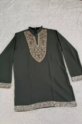 Dark olive green silk blend heavy thread & sequins embroidered kurta with off white straight pant