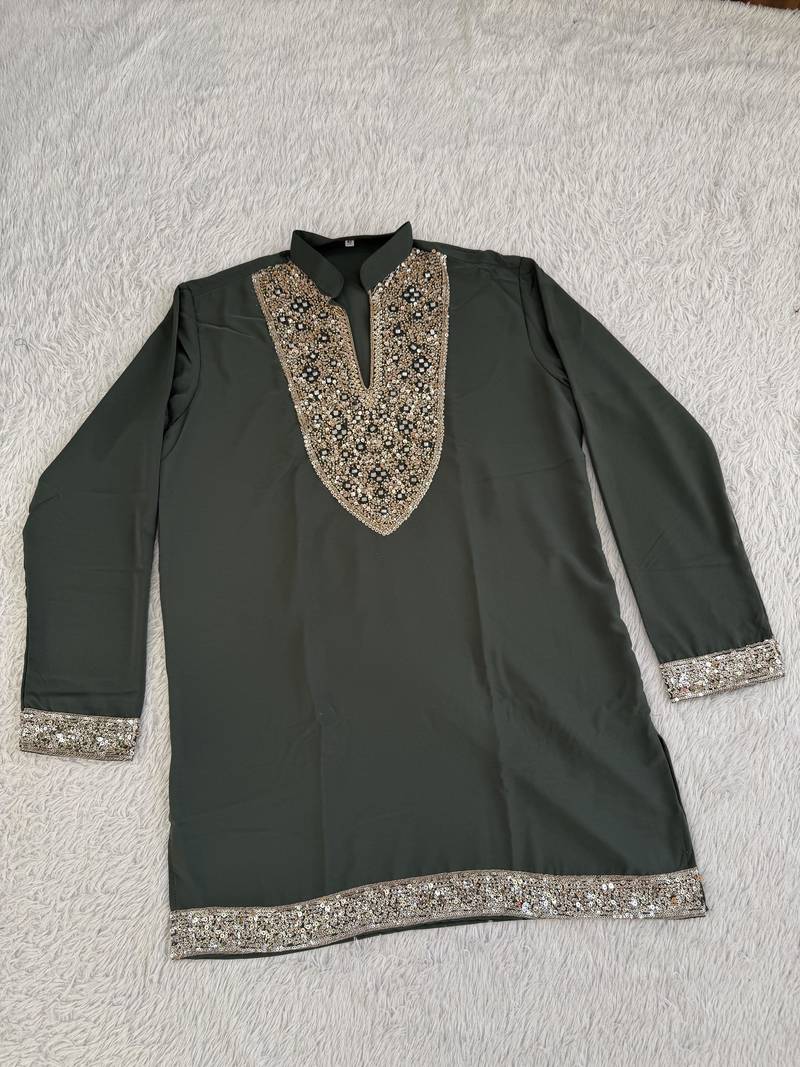 Dark olive green silk blend heavy thread & sequins embroidered kurta with off white straight pant