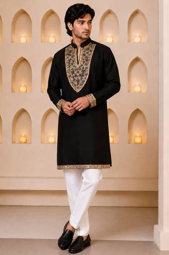 Black silk blend heavy thread & sequins embroidered kurta with off white straight pant