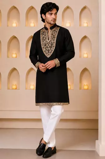 Black silk blend heavy thread & sequins embroidered kurta with off white straight pant