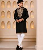 Black silk blend heavy thread & sequins embroidered kurta with off white straight pant
