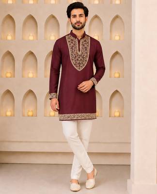 Burgundy silk blend heavy thread & sequins embroidered kurta 1