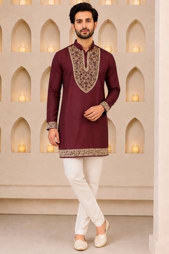 Burgundy silk blend heavy thread & sequins embroidered kurta