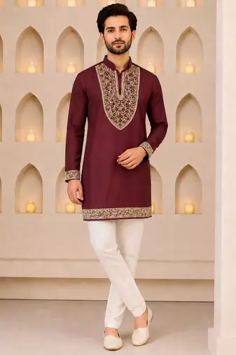 Burgundy silk blend heavy thread & sequins embroidered kurta
