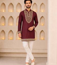 Burgundy silk blend heavy thread & sequins embroidered kurta