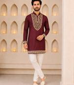 Burgundy silk blend heavy thread & sequins embroidered kurta