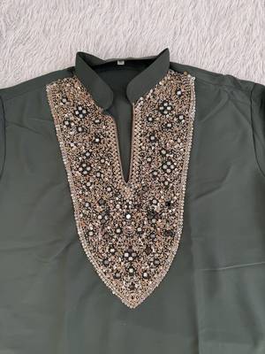 Dark olive green silk blend heavy thread & sequins embroidered kurta with off white straight pant 3