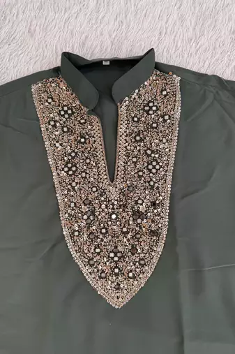 Dark olive green silk blend heavy thread & sequins embroidered kurta with off white straight pant