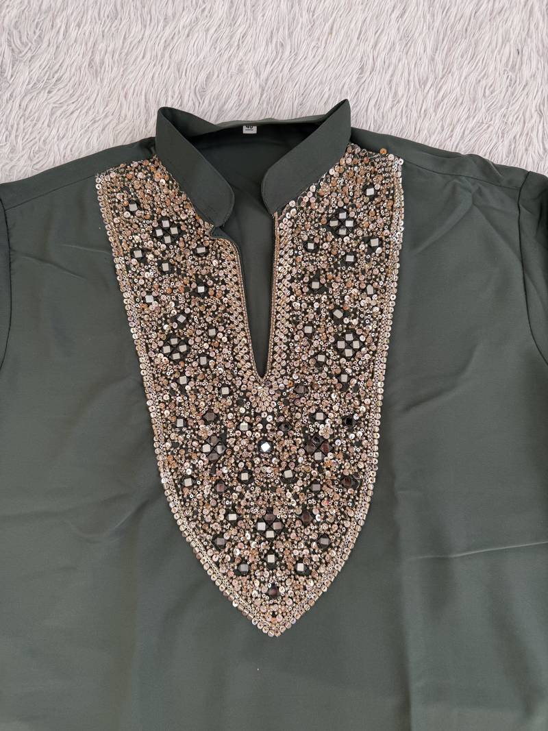 Dark olive green silk blend heavy thread & sequins embroidered kurta with off white straight pant