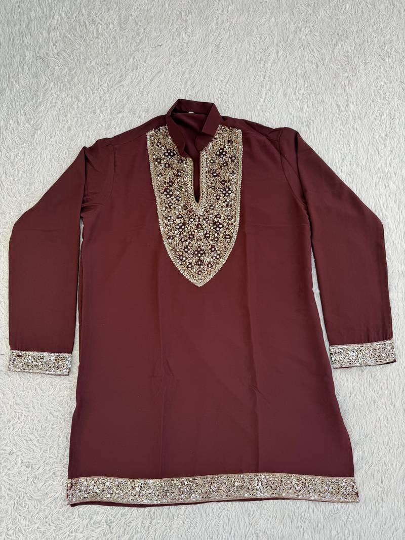 Burgundy silk blend heavy thread & sequins embroidered kurta