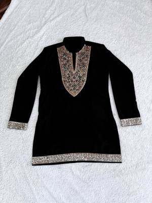 Black silk blend heavy thread & sequins embroidered kurta with off white straight pant 2