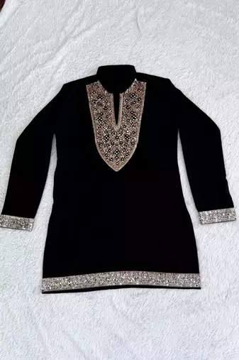 Black silk blend heavy thread & sequins embroidered kurta with off white straight pant