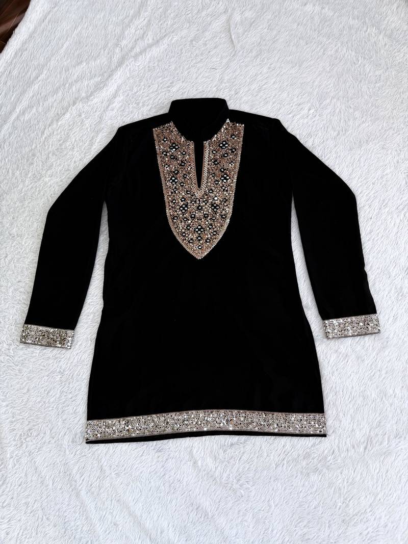 Black silk blend heavy thread & sequins embroidered kurta with off white straight pant