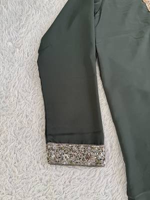 Dark olive green silk blend heavy thread & sequins embroidered kurta with off white straight pant 4