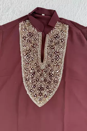 Burgundy silk blend heavy thread & sequins embroidered kurta