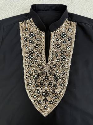 Black silk blend heavy thread & sequins embroidered kurta with off white straight pant 3