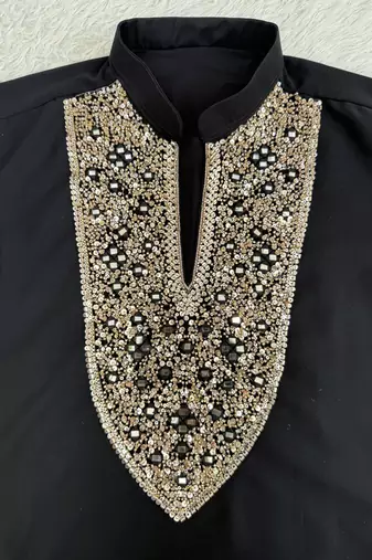 Black silk blend heavy thread & sequins embroidered kurta with off white straight pant