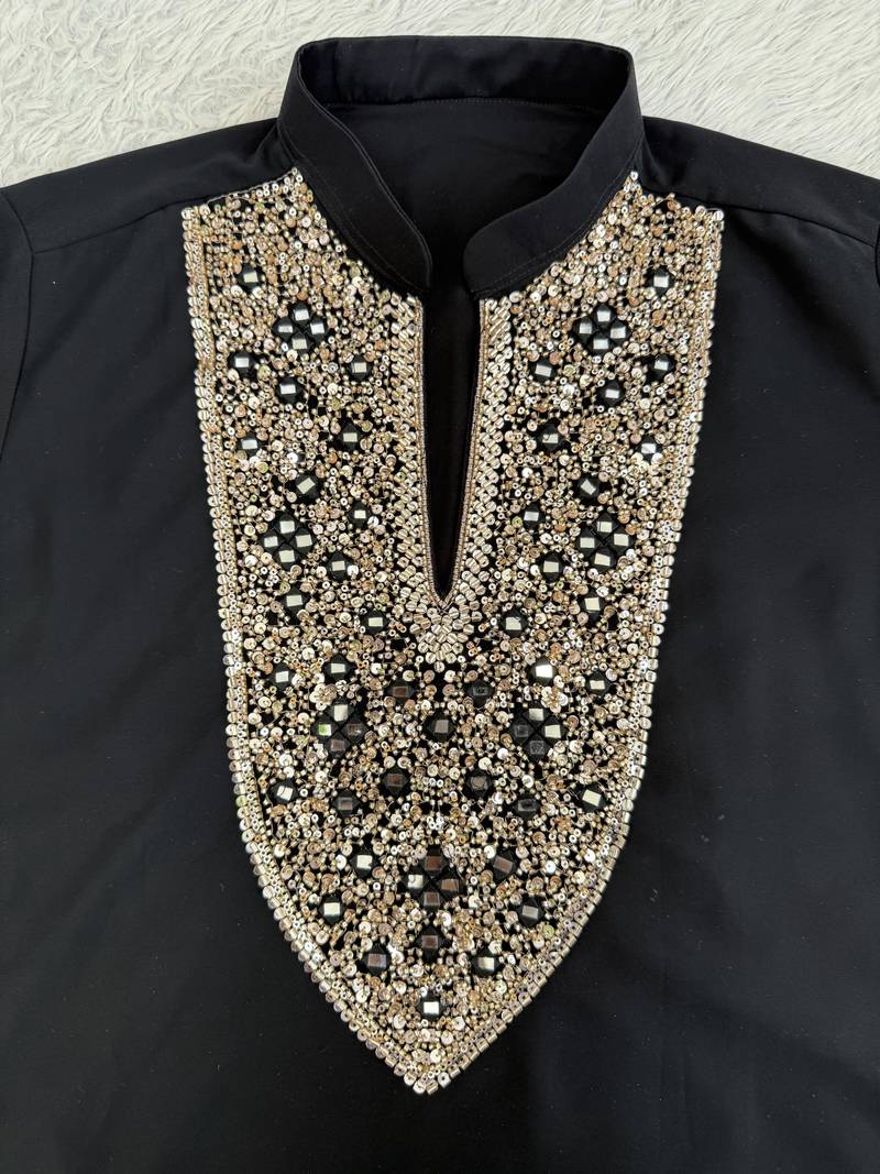 Black silk blend heavy thread & sequins embroidered kurta with off white straight pant
