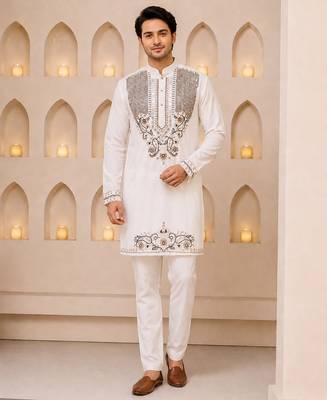 Off white silk blend heavy thread & sequins embroidered kurta with straight pant 1