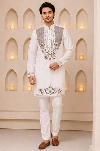 Off white silk blend heavy thread & sequins embroidered kurta with straight pant