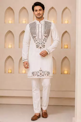 Off white silk blend heavy thread & sequins embroidered kurta with straight pant